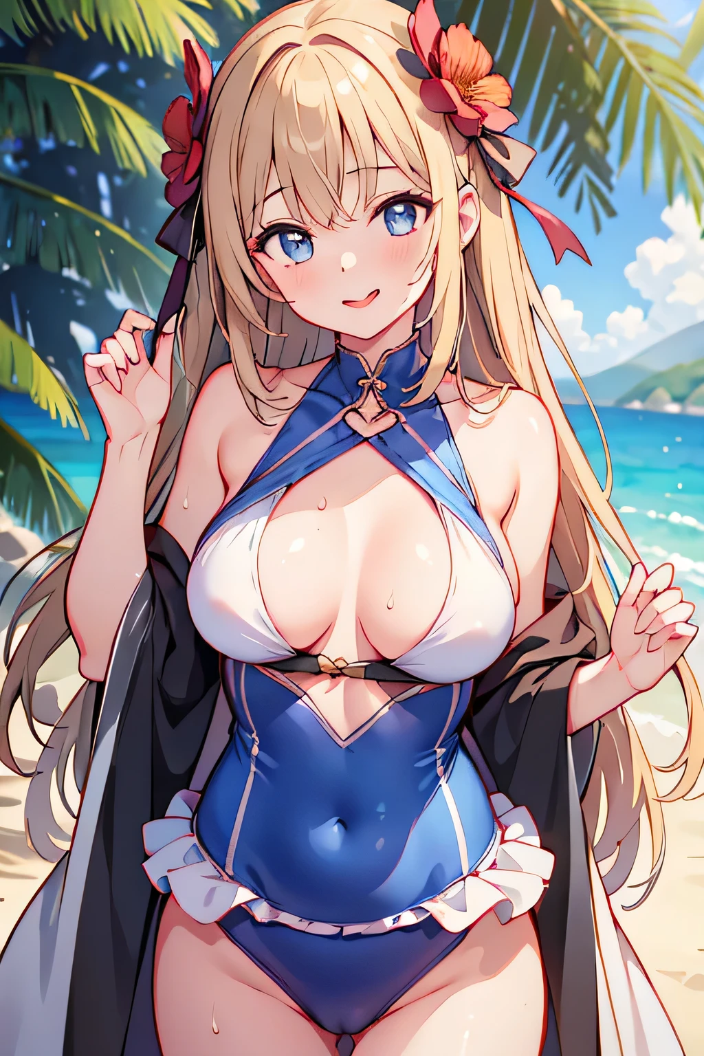 (masterpiece)), (highest quality), (detailed), (1 girl), Moderate, wearing a swimsuit, look at the beholder,sweaty, open your mouth, detailedmouth, close to camera,clothes with open chest,big breasts,smile,sticking out tongue