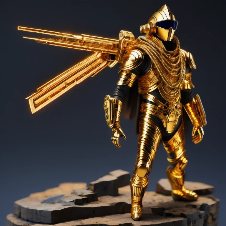 Brilliant Gold Wire Diamond Mayan Star, Coarse Linen Cloak Mummy Head Set Platinum Wire Cyberpunk Light Crossbow Space Station 1:60 Miniature Model, Illustration, Side View Angle, (Side View Angle), Wearing Gold Wire Frame Reflective Sunglasses, Carrying Future Weapons, Very Happy, Side View Angle, Full Body, 3D, (Nautilus) Octane Number Rendering, Perfect Appearance, Collagen Texture