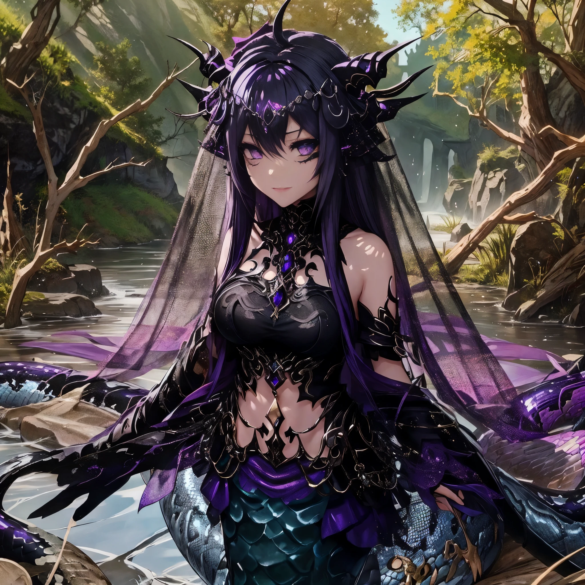 Lamia. metallic black and purple fashion. face veil. long gloves. eyes motif hair ornament. swamp. anime style. full body image.