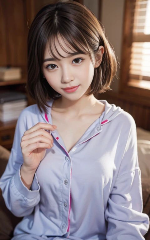 masterpiece, best quality, 1 girl, detailed beautiful face, ((pajamas)), (flat chest), (small breast), smiling, short hair, waved hair, twintail, shorts