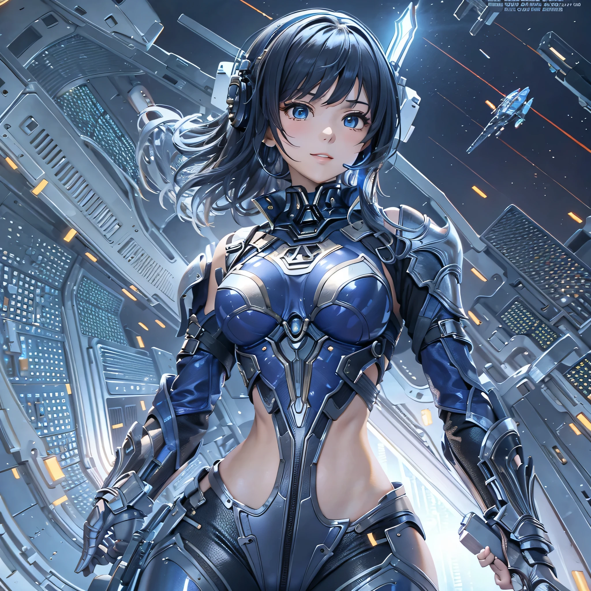 (masterpiece、highest quality、highest resolution、clear_image、detailed details、Angle from above): (full body figure、One 20 year old girl、Japanese faces、small face、Slender、Navy blue super short bob cut hair、(hidden small breasts:1.3)、sparkling blue eyes、Shiny pilot suit in blue and black colors、armor that protects the chest、tight fitting clothes、clothes that cover the whole body、shiny clothes、tight fit pants、hide the skin、very delicate and beautiful、detailed skin、hide thighs、hide your butt、cute type、gentle smile、soft expression、heroine、headset、Knee-high boots、gloves up to the elbow、eye level shot、facing directly、woman on a spaceship)