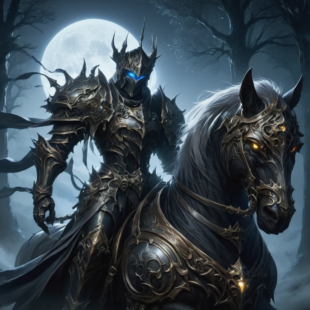 High Resolution, High Quality, Masterpiece.Anthropomorphic cat In the armor of a knight, riding a horse, Noir style, In the armor of a knight, riding a horse. The dark forest, the moon in the sky, the fog, the eyes of ghosts sparkle in the fog., cinematic light, lots of detail, realistic, 4k, cinema, epic, Highlights on the armor, neon ambiance, abstract black oil, gear mecha, detailed acrylic, grunge, intricate complexity, rendered in unreal engine, photorealistic Hyperdetalization. Hyperrealism. Dramatic light. 