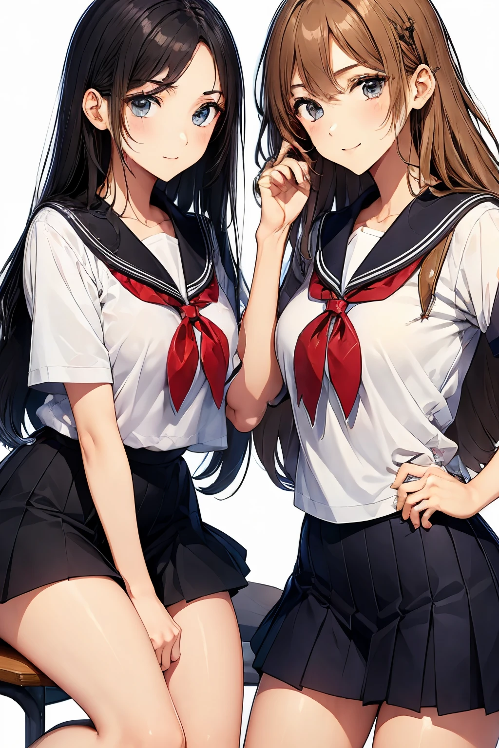 Two high school girls kissing、seductive smile、school classroom、sitting in a chair