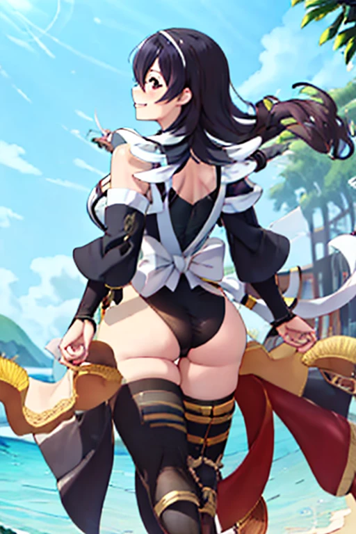 masterpiece, best quality, beautiful art, high resolution, well formed hands, body and fingers, 1 woman, solo, Navia, adult,  up,  big breasted, cleavage, full body, wearing a Iroha Samurai Shodown outfit, hair ornament, gorgeous legs and thighs, black stockings, maid, sexy Japanese clothes, pelvic curtain, leotard peeking, dancing seductively and erotically, turning backwards and forwards , showing her back and front, showing her butt, smiling joyfully, looking at the viewer, flirting, beach environment , biting her lips 