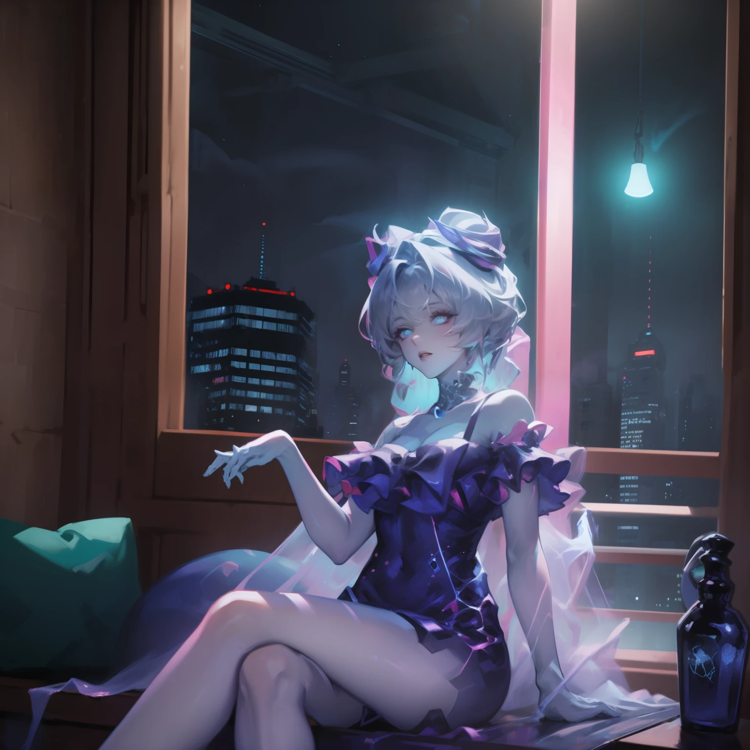 (masterpiece), best quality, cyan eyes, light gray hair, expressive eyes, Hohaya, Sitting in a high-rise apartment room, night sky, city View, looking at the audience, city lights, window, emphasize, dramatic lighting, calm face,