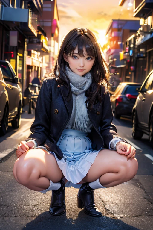 High-definition images, atmospheric perspective, 8K, Super detailed, Accurate, highest quality, (Mr.々Configuration), woman, (Winter clothes, Jacket, skirt), (shy), look away, (droopy eyes), spread her legs, squat, smile, Sweat, (dark downtime, sunset), boots, Downtown Area), Super detaileded panties, (((her long-skirt lining between her legs))), long hair, Realistic Eye Size,