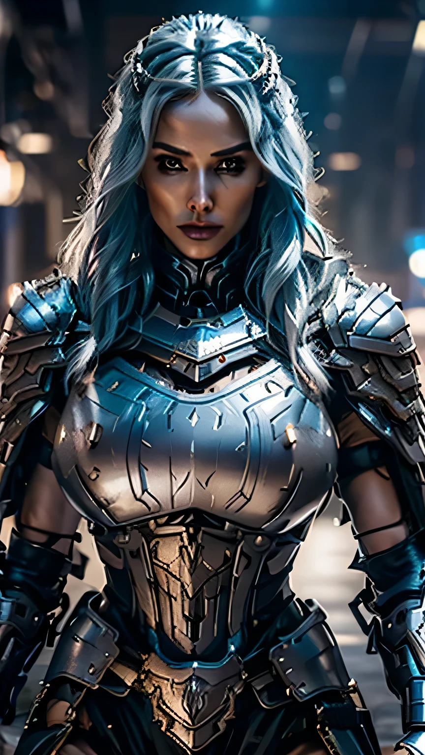 8K,asgard female warrior with very big breasts,Super beautiful(like the real thing),black very large chest armor,realistic skin,luxury black pants,Has a large, long black spear,sexy,muscular slim body,ripped abs,black shoulder armor,black waist armor,black leg armor,desert, rich colors, Backlight, cinematic lighting, film grain, RAW, 50mm lens,nikon　D850,ultra high resolution,Super realistic,goddess,battle scene,action scene,action pose,shine a light on the face, long wavy blue hair, the Witcher, the Witcher armor, yennefer