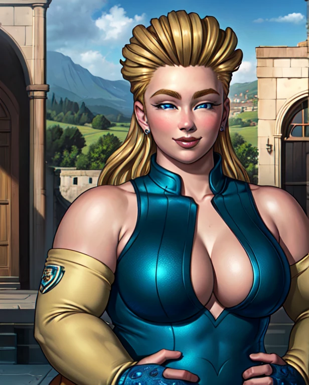 (intricately detailed, highest quality, High resolution, highly detailed skin:1.4), Upper body, (motherly smile:1.1), looking at the viewer, outdoor scene, rolling hills, grassland, m4rytbl, (chubby woman:1.5), big breasts, blue eyes, lips, (Long blond hair slicked back:1.3), (Blue Wrestling Costume, sleeve, exposed shoulders, Fenestration:1.2),