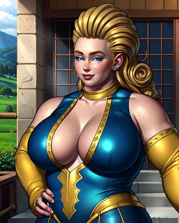 (intricately detailed, highest quality, High resolution, highly detailed skin:1.4), Upper body, (motherly smile:1.1), looking at the viewer, outdoor scene, rolling hills, grassland, m4rytbl, (chubby woman:1.5), big breasts, blue eyes, lips, (Long blond hair slicked back:1.3), (Blue Wrestling Costume, sleeve, exposed shoulders, Fenestration:1.2),