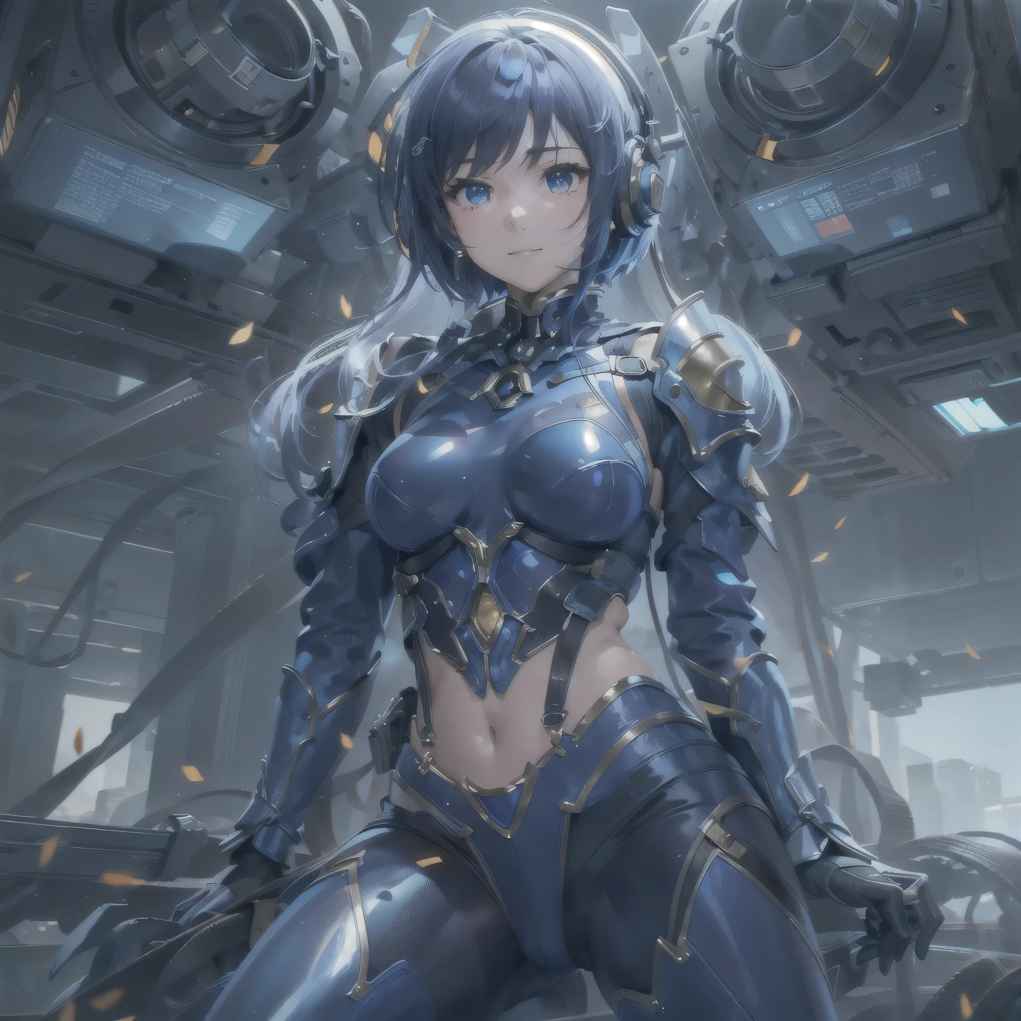 (masterpiece、highest quality、Highest Resolution、Clear_image、Detailed details、Angle from above): (Whole body、One 20 year old girl、Japanese Faces、Small Face、Slender、Navy blue super short bob cut hair、(Hidden small breasts:1.3)、Sparkling blue eyes、Shiny pilot suit in blue and black colors、Chest protection armor、Tight fitting clothes、Clothing that covers the whole body、Glamorous clothes、Tight Fit Pants、Hide your skin、Very delicate and beautiful、Detailed Skin、hide thighs、Hide your ass、Cute、A gentle smile、Soft expression、heroine、headset、Knee-high boots、Elbow-length gloves、Eye Level Shot、Face directly、Woman on a spaceship)