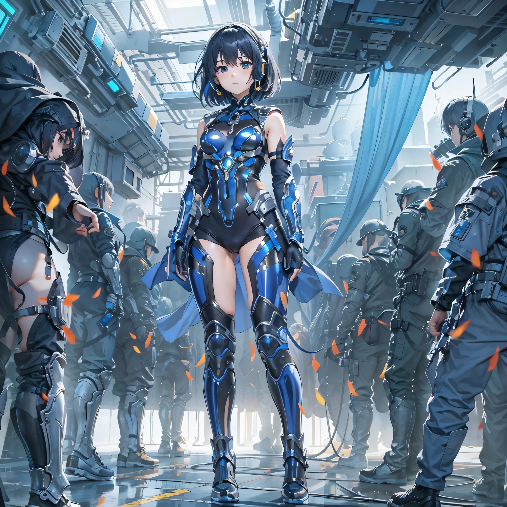 (masterpiece、highest quality、highest resolution、clear_image、detailed details、Angle from above): (full body figure、One 20 year old girl、Japanese faces、small face、Slender、Navy blue super short bob cut hair、(hidden small breasts:1.3)、sparkling blue eyes、Shiny pilot suit in blue and black colors、armor that protects the chest、tight fitting clothes、clothes that cover the whole body、shiny clothes、tight fit pants、hide the skin、very delicate and beautiful、detailed skin、hide thighs、hide your butt、cute type、gentle smile、soft expression、heroine、headset、Knee-high boots、gloves up to the elbow、eye level shot、facing directly、woman on a spaceship)