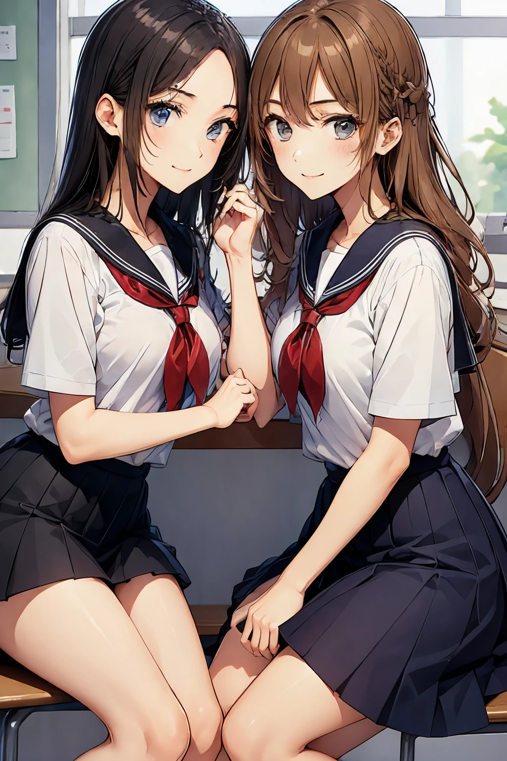 Two high school girls kissing、seductive smile、school classroom、sitting in a chair