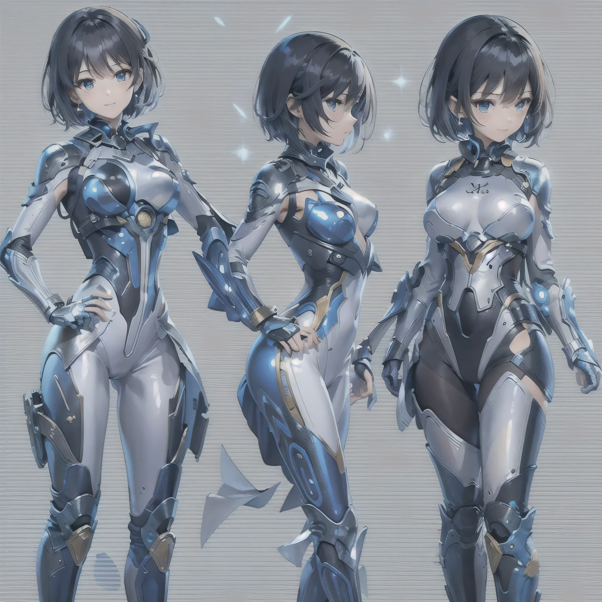 (masterpiece、highest quality、highest resolution、clear_image、detailed details、Angle from above): (full body figure、One 20 year old girl、Japanese faces、small face、Slender、Navy blue super short bob cut hair、(hidden small breasts:1.3)、sparkling blue eyes、Shiny pilot suit in blue and black colors、armor that protects the chest、tight fitting clothes、clothes that cover the whole body、shiny clothes、tight fit pants、hide the skin、very delicate and beautiful、detailed skin、hide thighs、hide your butt、cute type、gentle smile、soft expression、heroine、headset、Knee-high boots、gloves up to the elbow、eye level shot、facing directly、woman on a spaceship)