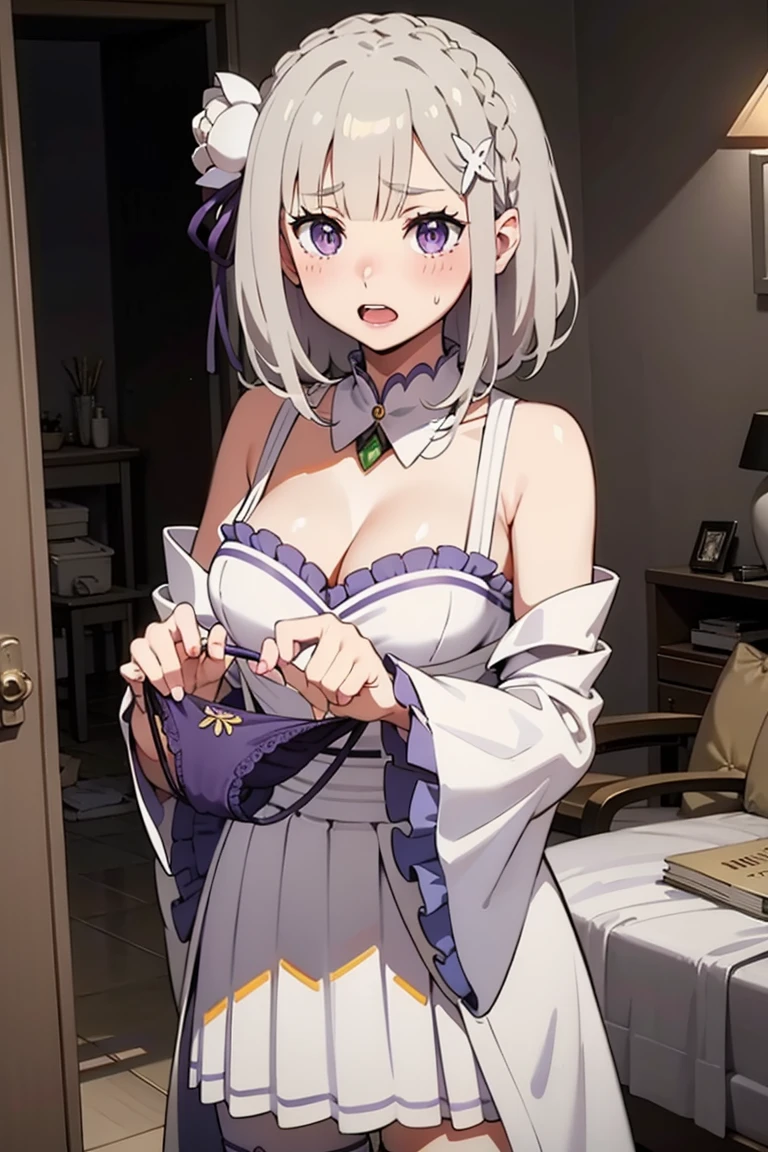 Emilia, blunt bangs, long hair, crown braid,
white dress, detached collar, wide sleeves, x hair ornament, hair flower, hair ribbon, white thigh boots, cleavage, purple frills, pleated_white_skirt
BREAK
(nsfw), 1girl, holding, holding panties, violet panties, upper body, stains
BREAK
>:(, shy, (blush), (close your mouth), 
BREAK
official art, best masterpiece, best quality, highres, 8K, ultra-detailed, super resolution, highly detailed hands, highly detailed fingers, highly detailed nose, very detailed detailed mouth, perfect anatomy, in oil painting style
BREAK
bed room, dust, dust, extremely detailed and very fine 16KCG wallpapers