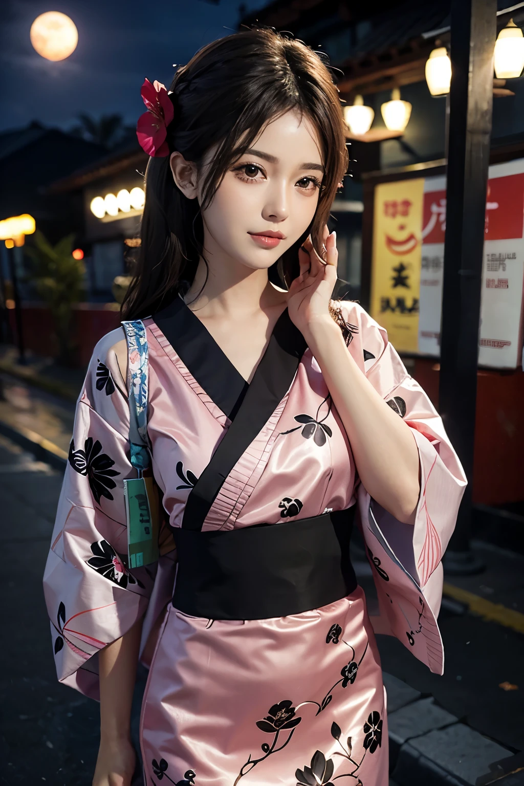 Hibiscus moon with drops of water,neon glow, random background, sunrise, I feel like yukata long hair nightclub Summer festival shrine Brushing her hair with her right hand