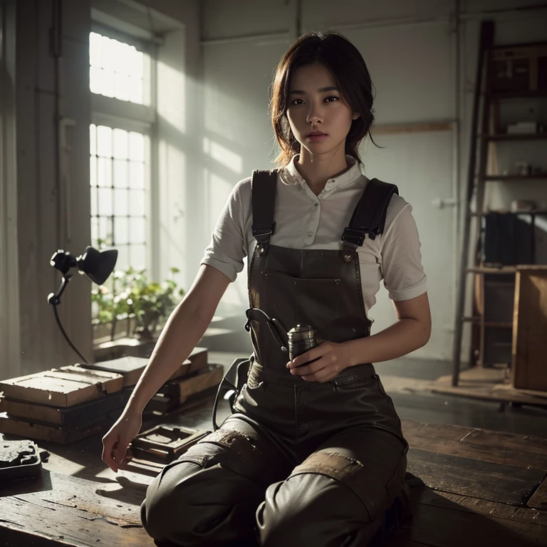 photo of the most beautiful artwork in the world for beautiful woman a featuring soft lustrous, industrial mechanic real world, fantastic location, working environment, rugged harsh situation worker, full body 8k unity render, action shot, skin pores, detailed intricate iris, very dark lighting, heavy shadows, detailed, detailed face, (vibrant, photo realistic, realistic, dramatic, dark, sharp focus, 8k), (weathered greasy dirty damaged old worn technician worker outfit:1. 1), (intricate:1. 1), (highly detailed:1. 1), digital painting, octane render, artstation, concept art, smooth, sharp focus, illustration, art by artgerm, (loish:0. 23), wlop ilya kuvshinov. , (global illumination, studio light, volumetric light), (Masterpiece:1.3), (best quality:1.3),