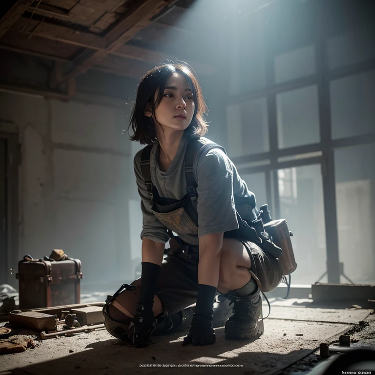 photo of the most beautiful artwork in the world for beautiful woman  a featuring soft lustrous, industrial mechanic real world, fantastic location, working environment, rugged harsh situation worker, full body 8k unity render, action shot, skin pores, detailed intricate iris, very dark lighting, heavy shadows, detailed, detailed face, (vibrant, photo realistic, realistic, dramatic, dark, sharp focus, 8k), (weathered greasy dirty damaged old worn technician worker outfit:1. 1), (intricate:1. 1), (highly detailed:1. 1), digital painting, octane render, artstation, concept art, smooth, sharp focus, illustration, art by artgerm, (loish:0. 23), wlop ilya kuvshinov. , (global illumination, studio light, volumetric light), (Masterpiece:1.3), (best quality:1.3),