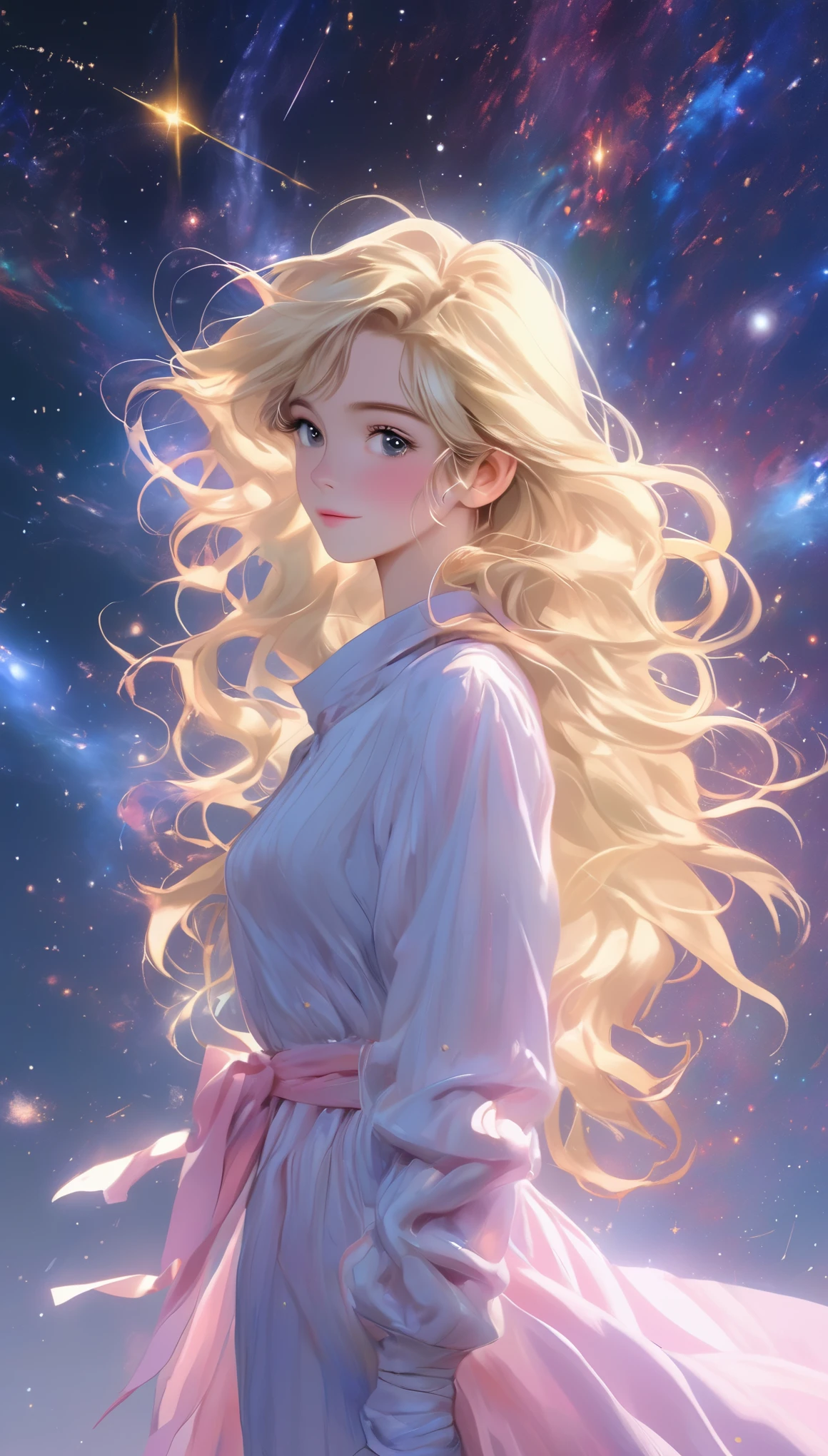 (best quality, masterpiece), 1 girl, posture, particle, , Upper body, Simple background, looking at the audience, Blonde, galaxy,