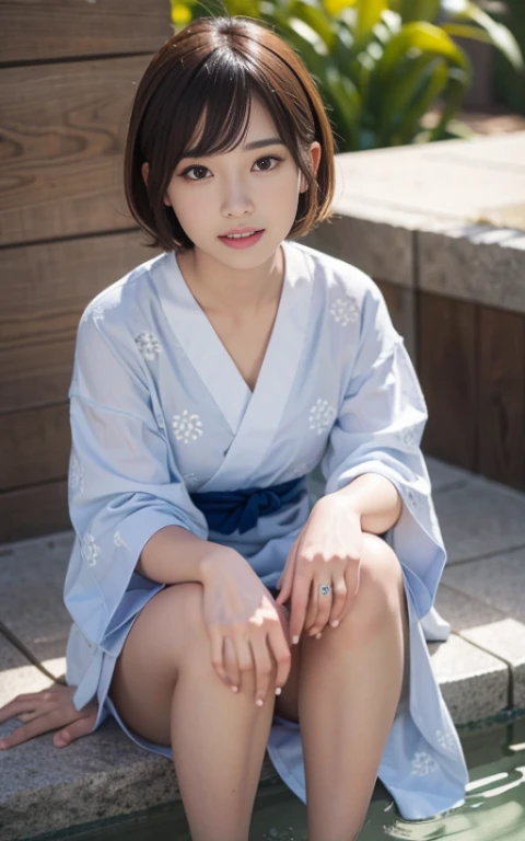 cute 21 year old japanese、super detailed face、attention to detail、double eyelid、beautiful thin nose、sharp focus:1.2、beauty:1.4、(bright茶髪、short cut hair、white skin、highest quality、bright、masterpiece、ultra high resolution、(realism:1.4)、foot bath、best smile、yukata、