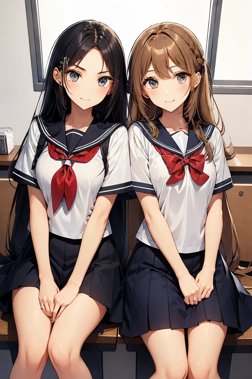 Two high school girls sitting side by side、seductive smile、school classroom、