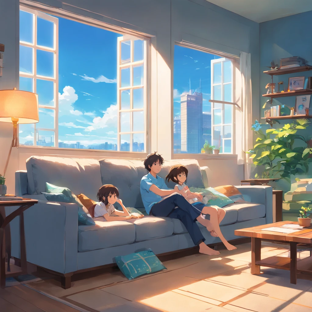 Gray sofa, blue wall, white windows. On a sunny afternoon, a father lies on the sofa and a 5-year-old daughter jumps on her father&#39;s back.