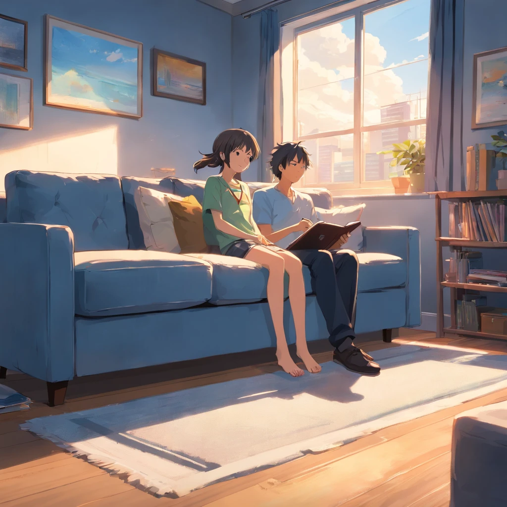 Gray sofa, blue wall, white windows. On a sunny afternoon, a father lies on the sofa and a 5-year-old daughter jumps on her father&#39;s back.