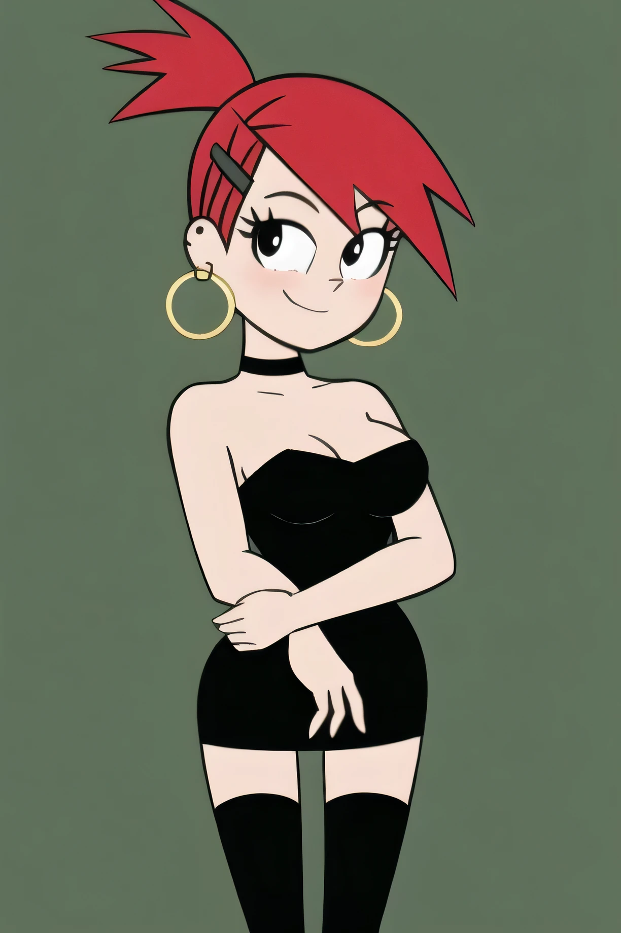 frankie foster, FostersStyle, (black pupils), red hair, strapless, black dress, gold hoop earrings, sexy pose, thighhighs, hair clip, standing, medium breasts, crossed arms, arms under breasts, ponytail, happy