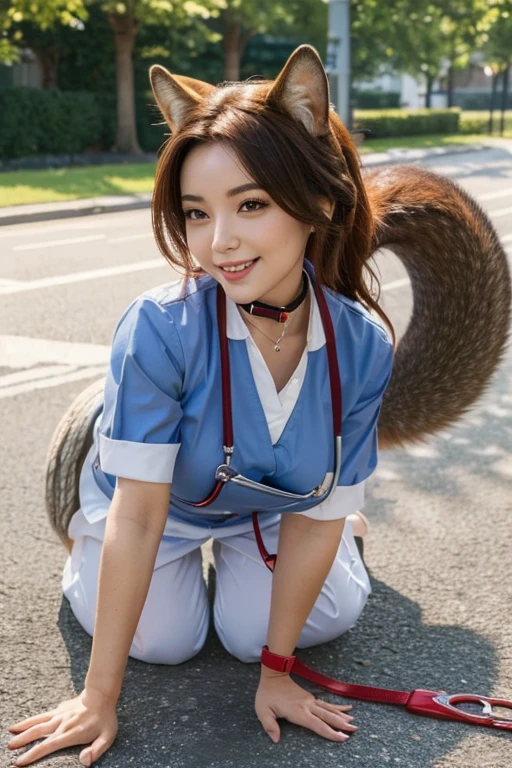 ((highest quality)), ((masterpiece)), (get used to it), perfect face, fox woman, Beautiful woman, public, A tail is growing, she has a fluffy tail, she has a fox tail, she wags her tail, smile, collar and leash, get down on all fours, she is wearing a nurse uniform, beautiful hips, big tail