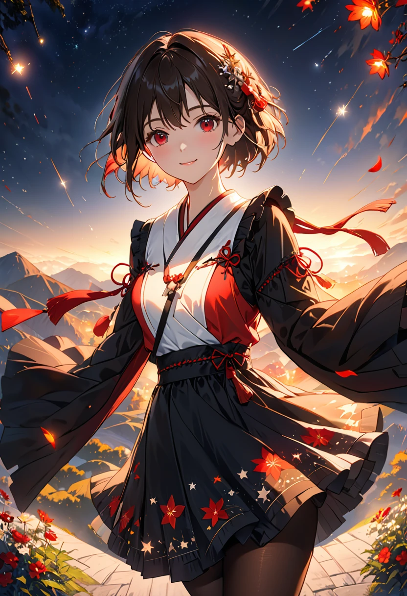 clear,Sunny morning sun,Many bright stars,A lot of meteors,clear,red eyes,short hair,Two dimensions,black sleeves,top quality, masterpiece,hair accessories, necklace, jewelry, pretty face, calm smile, , Tyndall effect,edge lighting, two color lights, (HD skin:1.2), 8K Ultra HD, soft light, high quality, Volumetric lighting, admit, photography, High resolution, 4K, 8K, Bokeh,boots,very high,Shoulder straps,skirt,skirt,black pantyhose,slender hands,short hairmasterpiece, best quality, outdoor, night, Full moon parted hair, , Moderate, High, calm, Black and red mixed clothing,