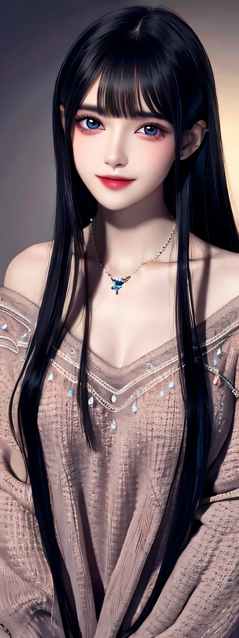 An unparalleled beauty with loose straight black hair, smooth hair, collarbone, exquisite necklace, rich and beautiful makeup, exquisite and perfect facial features, large jewel like eyes, blushing, smiling, long hair, straight hair, sweaters, shoulders exposed, fingers free, and a dreamy starry background