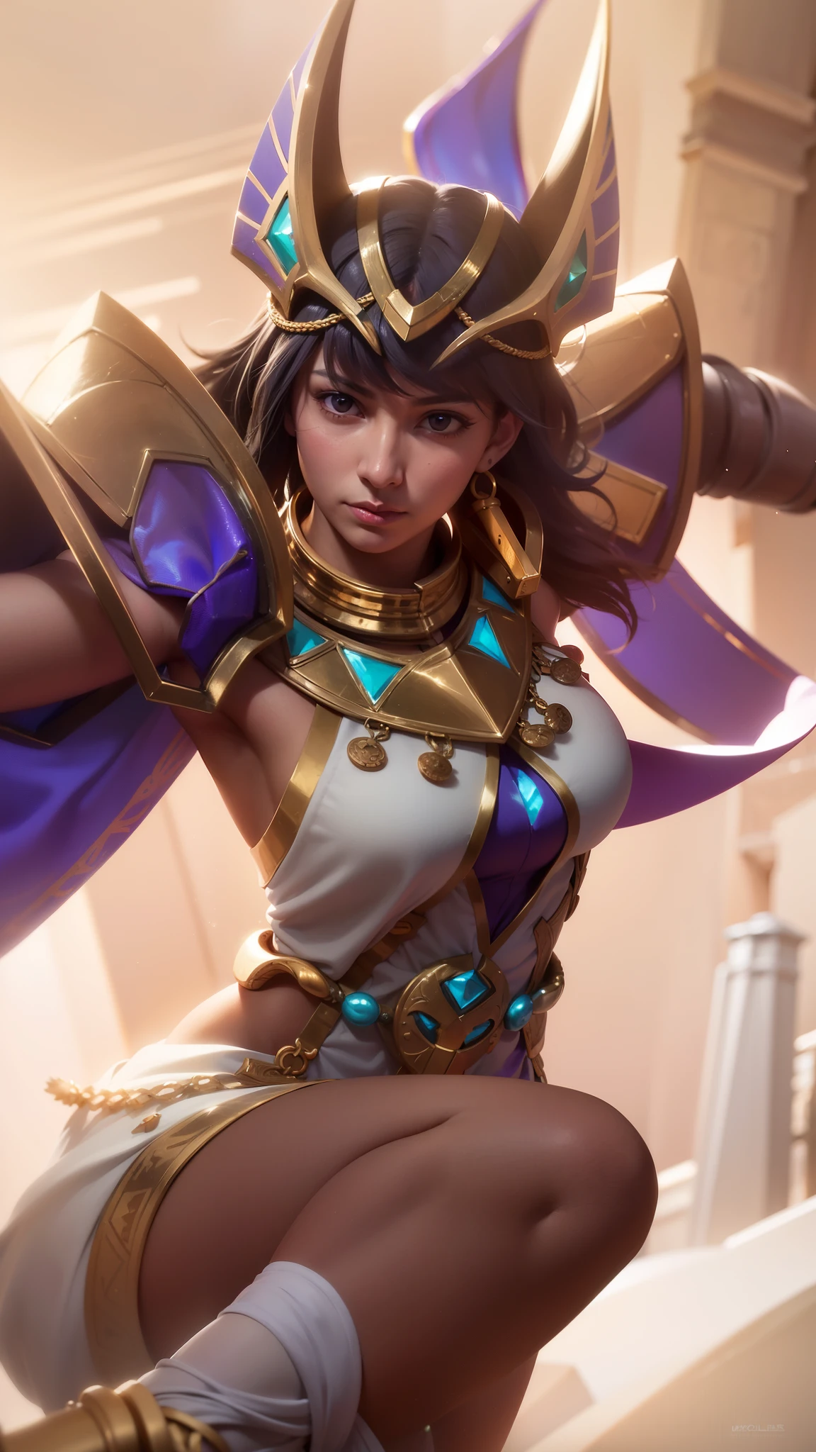 a woman in a purple outfit holding a sword and a shield, zenra taliyah, youthful taliyah, samira from league of legends, taliyah, ne zha from smite, artgerm detailed, bastet, qiyana, extremely detailed artgerm, as seen on artgerm, senna from league of legends, 8k, ultra hd, ultra detailed texture, hyper realistic, masterpiece, detailed texture, detailed face, detailed skin, detailed lighting, (photorealistic:1.5), best quality, beautiful lighting, cinematic lighting, professional lighting, ultra highres, realistic, detailed hair, real hair, high quality, (realskin:1.5), extremely detailed, finely detail, ultra-detailed, glare, yellow eyes.