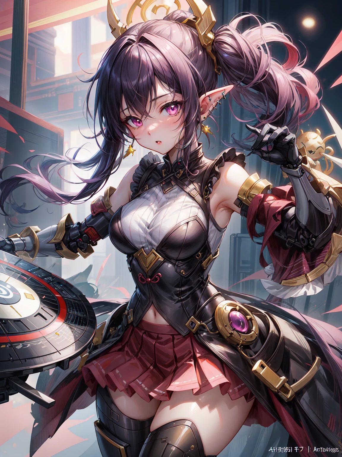 (masterpiece:1.3), (最high quality, high quality, High resolution, Super detailed:1.2), DJ, passionate, (goblin), 1 girl, passion, Play discs with one arm, jirai kei, (jirai kei fashion:1.1), detailed face, pink eyes, frills, skirt, Various accessories, (ear piercing), punkish style, Japan subcultures, fashion, stockings, colorful, Art style by Yusuke Murata, By Artgerm, By Alphonse Mucha、Organic Armor Cyborg、mechanical armor