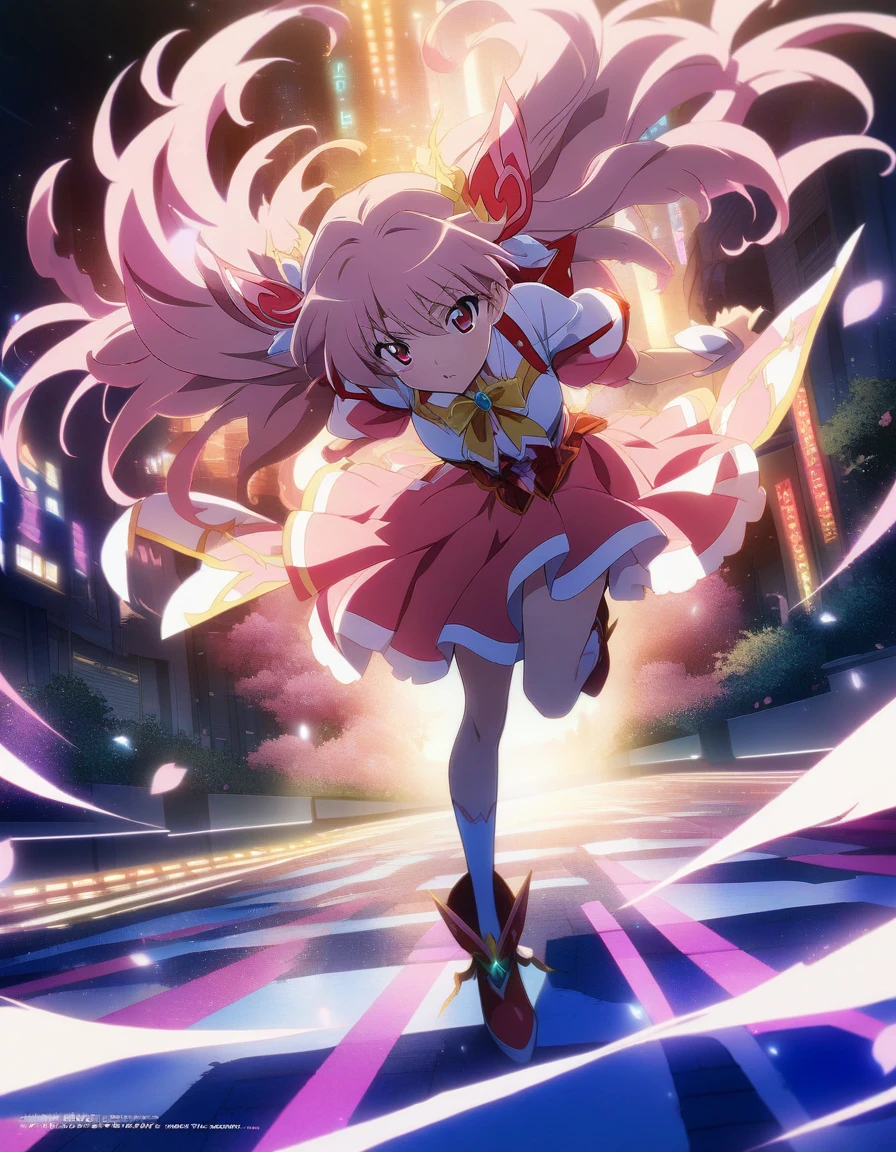 1girl, Magical girl in Tokyo at night, art by CLAMP, cherry blossoms, neon-lit streets, vibrant colors, dynamic pose . (masterpiece), (best quality), (ultra-detailed), very aesthetic, illustration, disheveled hair, perfect composition, moist skin, intricate details, anime artwork, anime style, visual, vibrant, studio anime, highly detailed, aesthetic