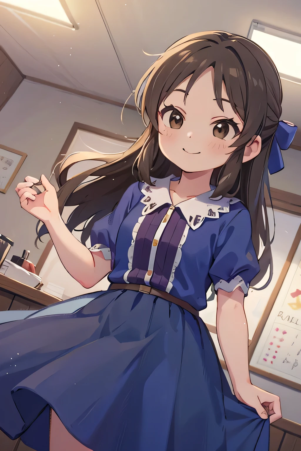 masterpiece,highest quality,1 girl,alone,Tachibana Arisu,brown eyes,brown hair,half up hair,collared dress,hair ribbon,short sleeve,light smile,indoors,dutch angle,