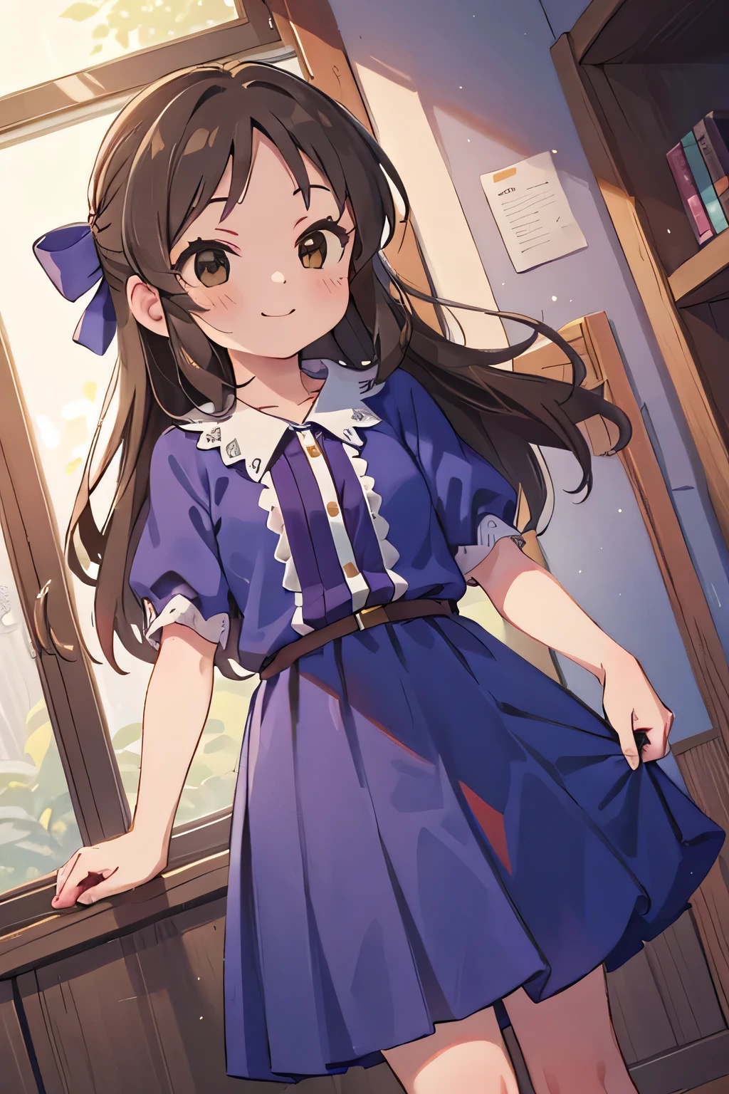 masterpiece,highest quality,1 girl,alone,Tachibana Arisu,brown eyes,brown hair,half up hair,collared dress,hair ribbon,short sleeve,light smile,indoors,dutch angle,