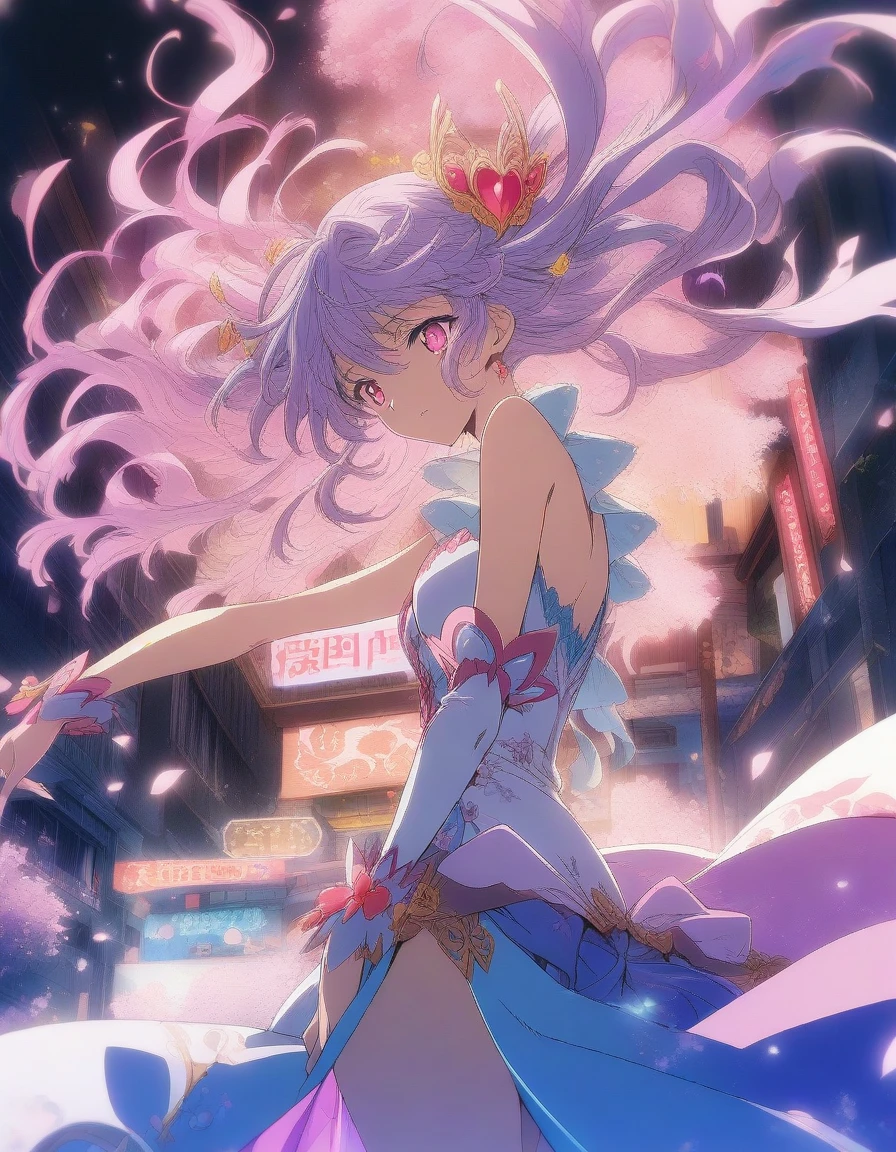 1girl, Magical girl in Tokyo at night, art by CLAMP, cherry blossoms, neon-lit streets, vibrant colors, dynamic pose . (masterpiece), (best quality), (ultra-detailed), very aesthetic, illustration, disheveled hair, perfect composition, moist skin, intricate details, anime artwork, anime style, visual, vibrant, studio anime, highly detailed, aesthetic