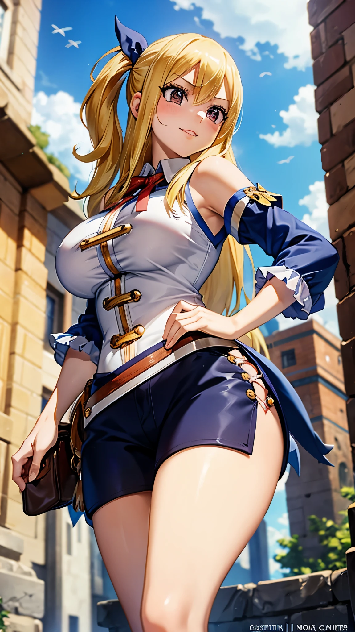 CG, unity, 8k, wallpaper, highest quality, masterpiece, 1 girl, lucy heartfilia, blonde, smile, dynamic pose, (stocking: 1.5), thighs, sexy, best lighting, complex pupils, complex textile, realistic skin texture, detailed background, (In a Western-style fantasy city), low angle, view from below