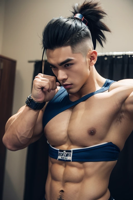 25 year old male bodybuilder anime character wearing bodybuilder thong with a mohawk hairstyle flexing his muscles in a professional bodybuilding contest
