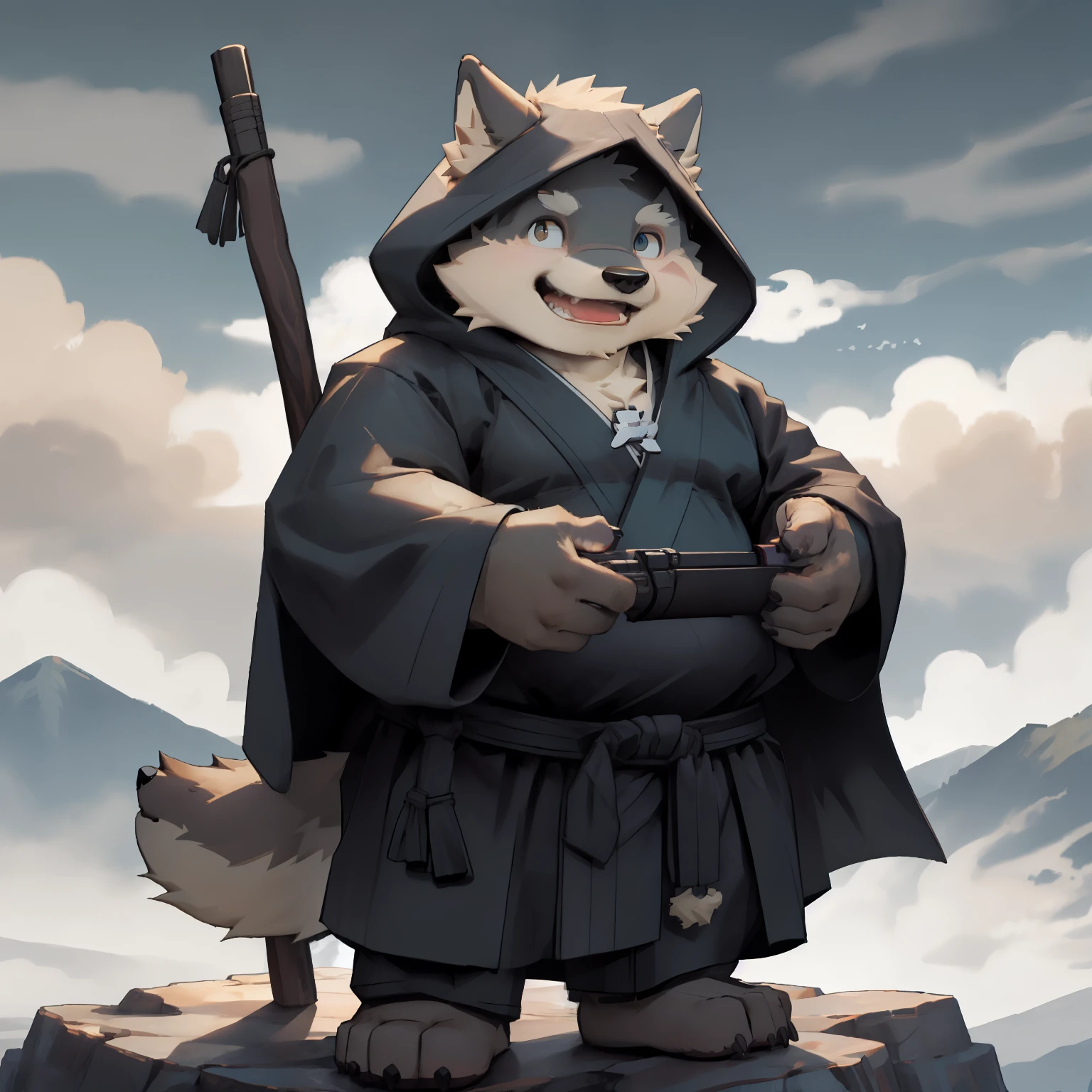 New Jersey 5 Hairy, Wolf,Full body portrait of an individual, little boy,exquisite,round face, short,chubby,thick arms,plush fur,Mountain Top,Cloud,shrouded in mist,Monk,全套Xian Xia服装,Taoist robe,cloak,Cultivation,Xian Xia,With a spear on his back,Hongying gun,happy