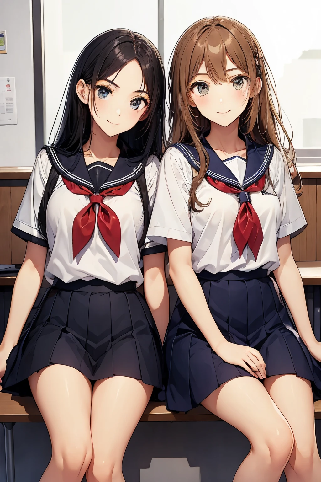 Two high school girls sitting side by side、seductive smile、school classroom、