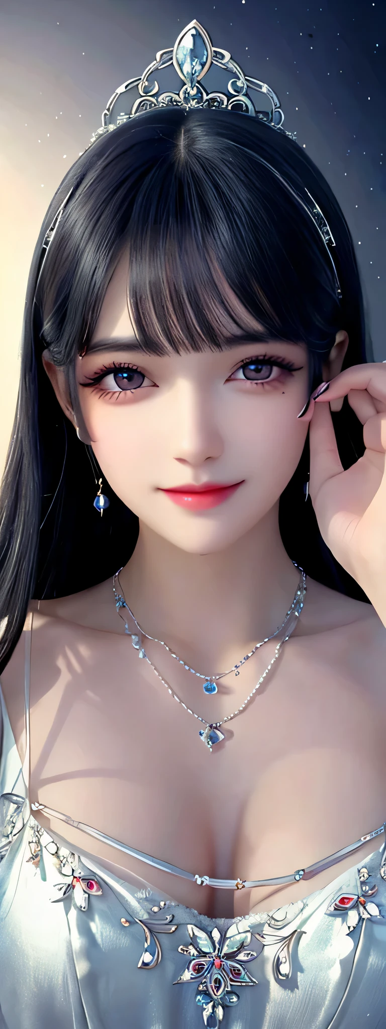 An unparalleled beauty with loose straight black hair, smooth hair, collarbone, exquisite necklace, rich and beautiful makeup, exquisite and perfect facial features, large jewel like eyes, blushing, smiling, long hair, straight hair, sweaters, shoulders exposed, fingers free, and a dreamy starry background