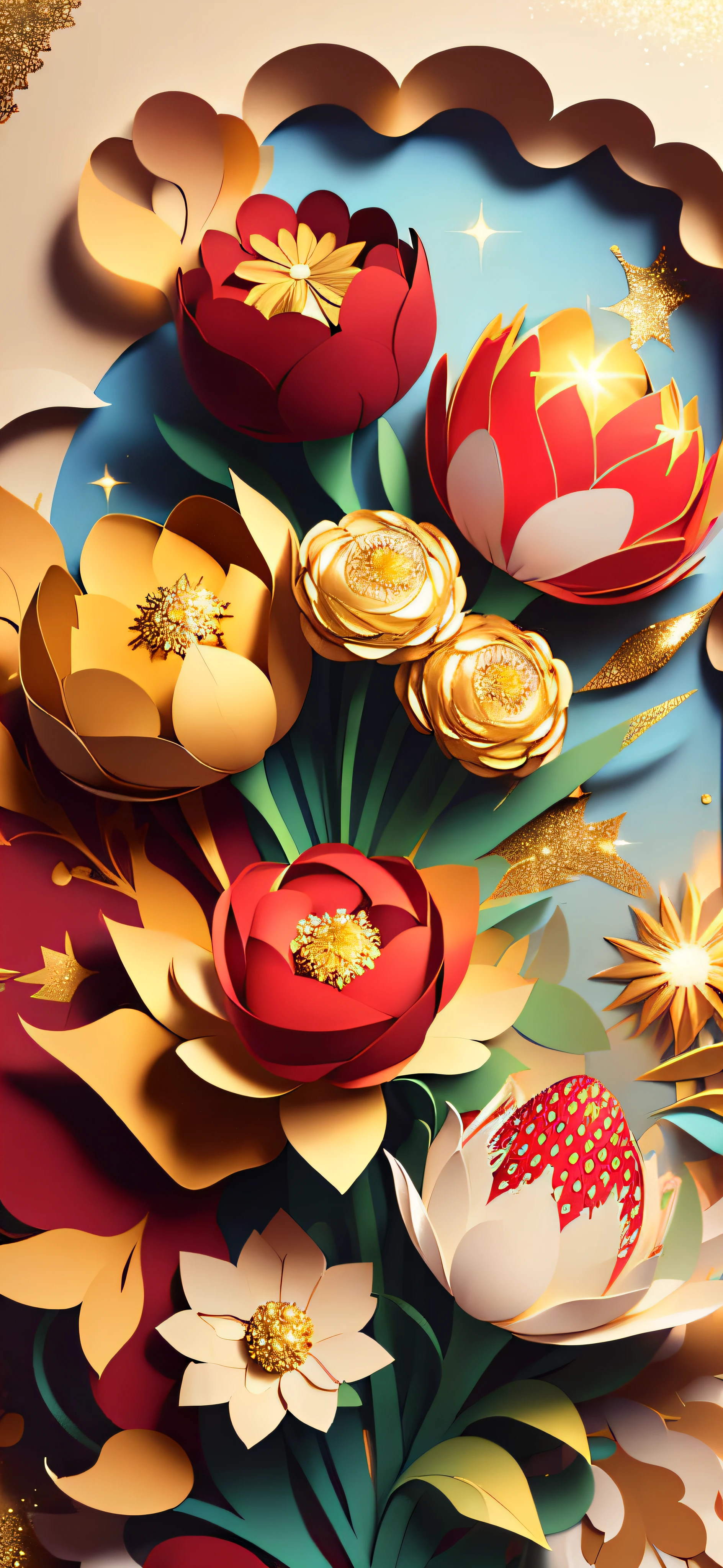 ((((Masterpiece))), Best quality, Illustrations, Beautiful details glow, Gold glitter, Paper_cut, morango, Strawberry flowers, Sun, Sunlight