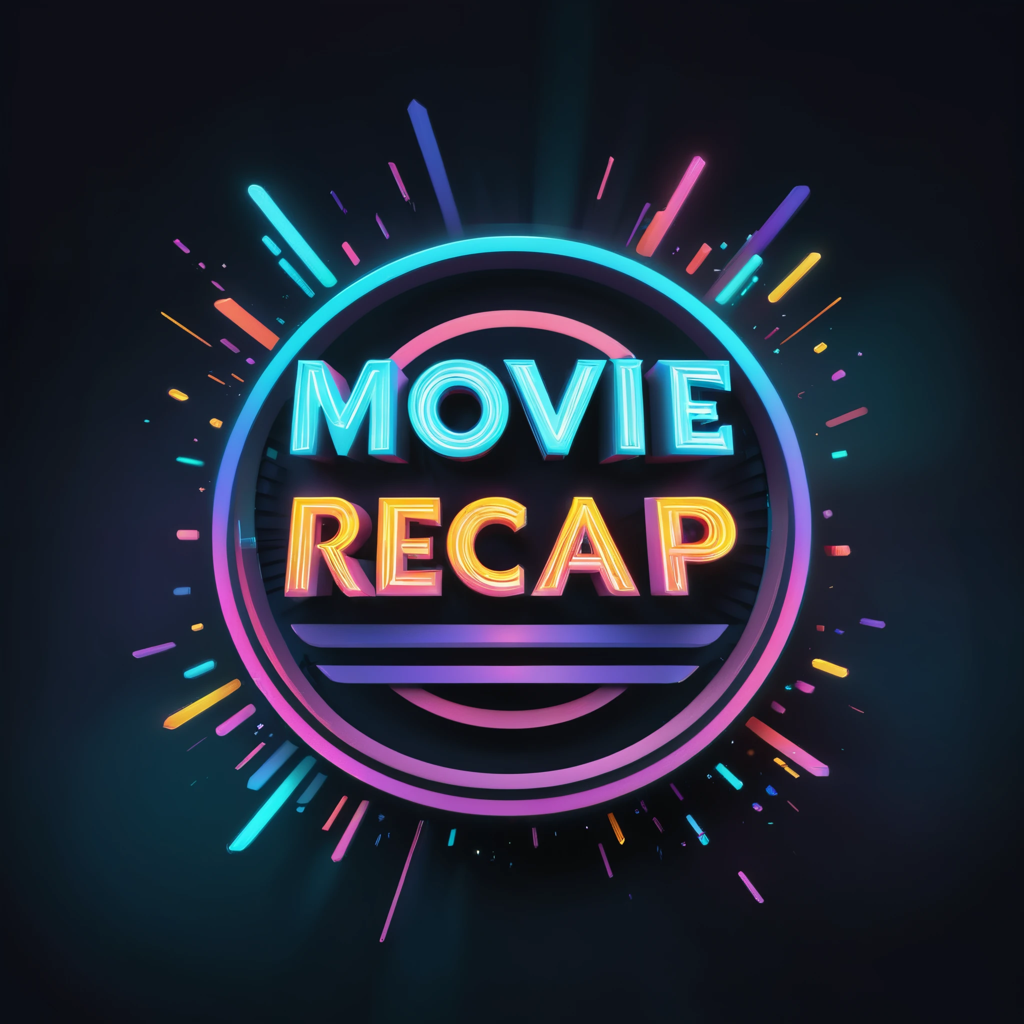 (movie recap logo)illustrated, vibrant colors, detailed vector art, dynamic composition, cinematic style, bold typography, motion lines, iconic film elements, 3D text effect, retro vibes, neon lights, high-energy, action-packed, immersive experience, modern design, intense shadows, lens flares