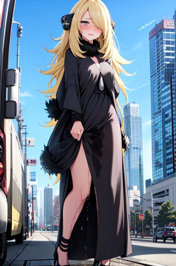 1girl,(solo:1.5),(solo focus:1.5),Cynthia,blonde hair,hair over one eye,hair ornament,very long hair,wavy hair,grey eyes,large breasts,desperation,standing,wetting self,peeing stain,fur collar,furr-trimmed coat,long dress,embarrassed,humiliated,futuristic,city,neon lights,(best quality,4k,8k,highres,masterpiece:1.2),ultra-detailed,vivid colors,sharp focus,long hair flowing in the wind,(colorful skyscrapers:1.5),reflection in the wet pavement,expressions of desperation and embarrassment captured perfectly,futuristic cityscape as the background,streets lined with towering buildings,intricate details in Cynthia's face and hair,subtle reflections in her grey eyes,subtle blush on her cheeks,revealing her embarrassment,intricate details depicting the large pee stain on Cynthia's dress,(hands behind back:1.5)