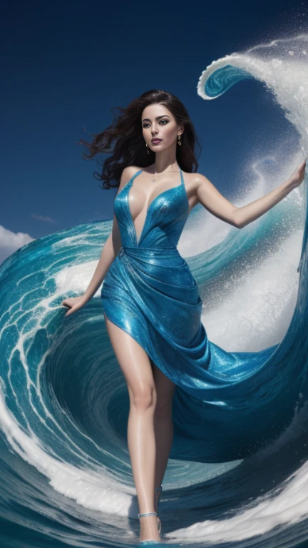 highest quality,masterpiece,ultra high resolution,(hyper realism、surreal:1.4),original photo,ultra high resolution,8K,there is a woman,Fair skin,exquisite makeup,(The background is a large, swirling wave.:1.3),(Blue dress with open neckline:1.2),high heels,long legs,bright and beautiful,sexy random poses,Lively poses,(slender woman:1.3)