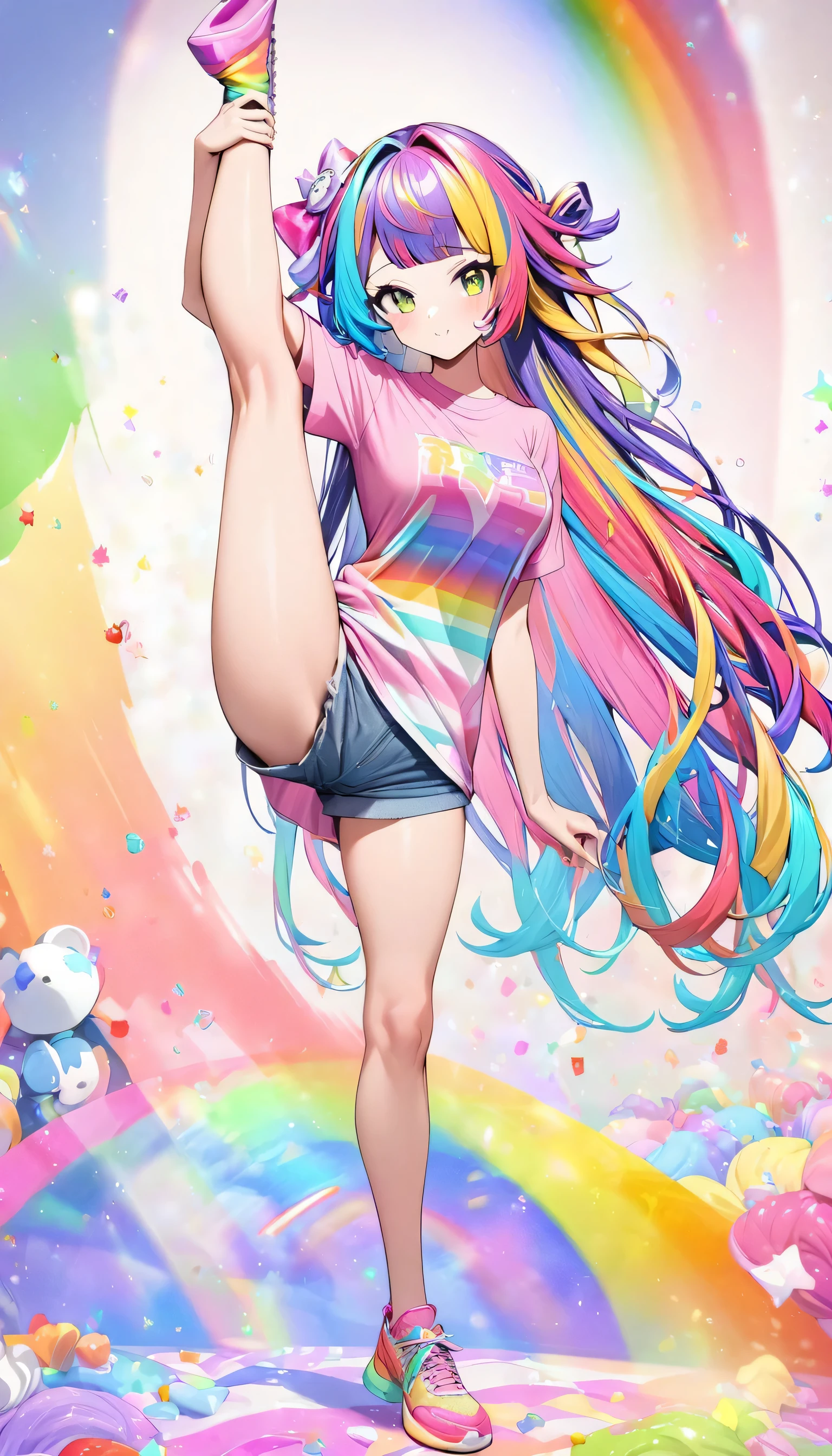 (best quality:1.2),1girl,solo,standing_split,full body, (Pink Fashion T-shirt:1.9),(Colorful hair: 1.8), (all the colours of the rainbow: 1.8),