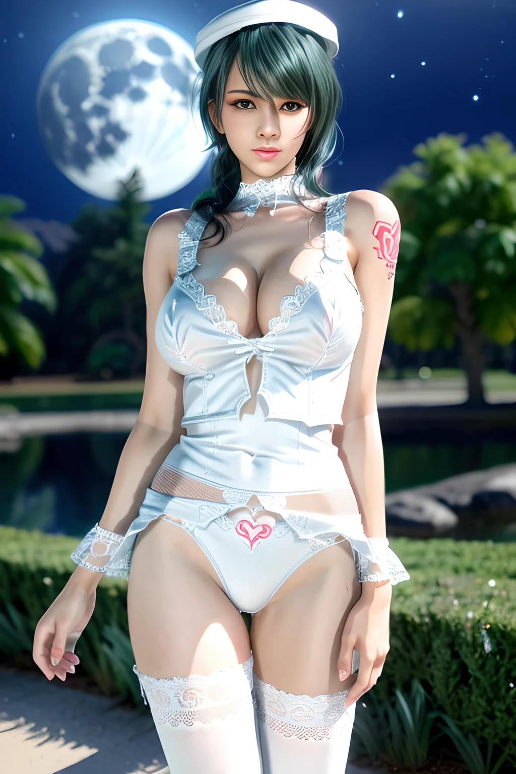 1 girl,standing posture,bare shoulders, pantyhose, bodysuit,( see-through:1.2),(((white bodystocking))), nighttime,moon,( huge breasts:1.1),cleavage,shiny skin,lip gloss,( tattoos:1.2), masterpiece, best quality, realistic ,Rich artistic colors, 8K,Portrait art,solo, tamaki