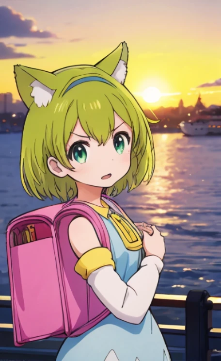 ,1girl, solo, green hair, open mouth, cat ear, tail, detached sleeves, dress, clothes, backpack, randoseru, Venezia, beautiful city with a view of the ocean, sunset, she is watching the sunset,cute girl pose,