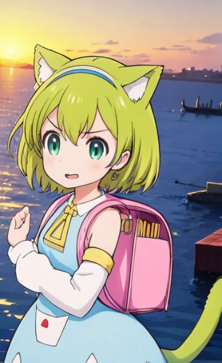 ,1girl, solo, green hair, open mouth, cat ear, tail, detached sleeves, dress, clothes, backpack, randoseru, Venezia, beautiful city with a view of the ocean, sunset, she is watching the sunset,cute girl pose,