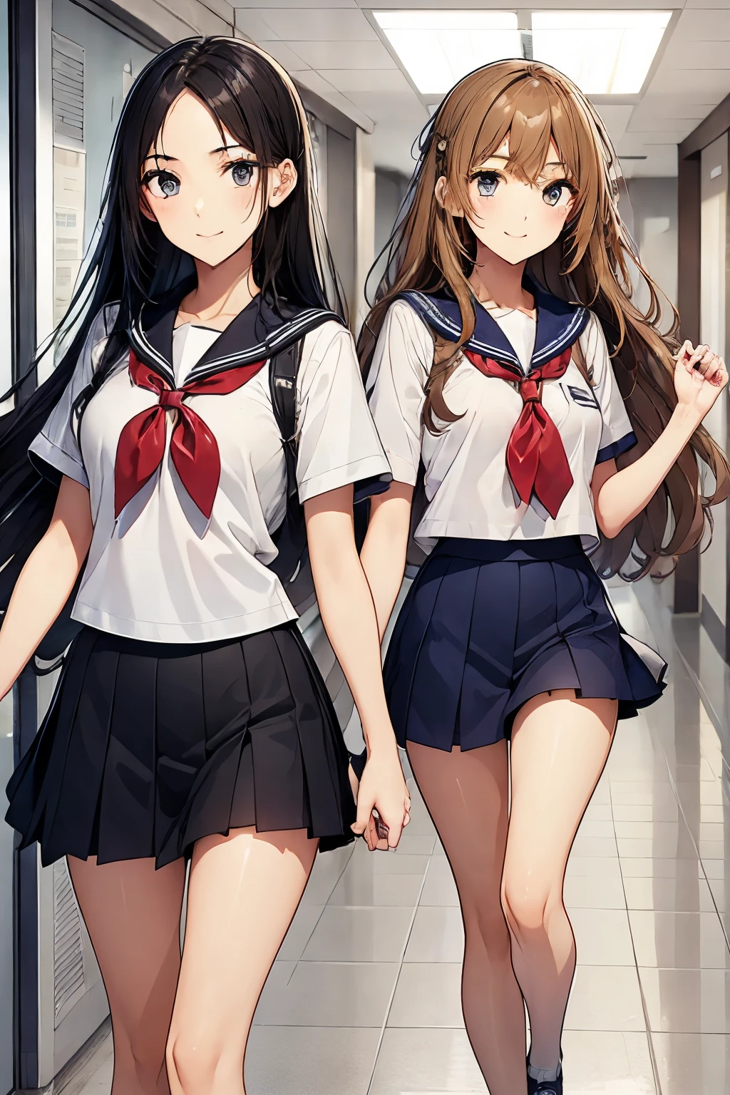 Two high school girls running while holding hands、seductive smile、school hallway